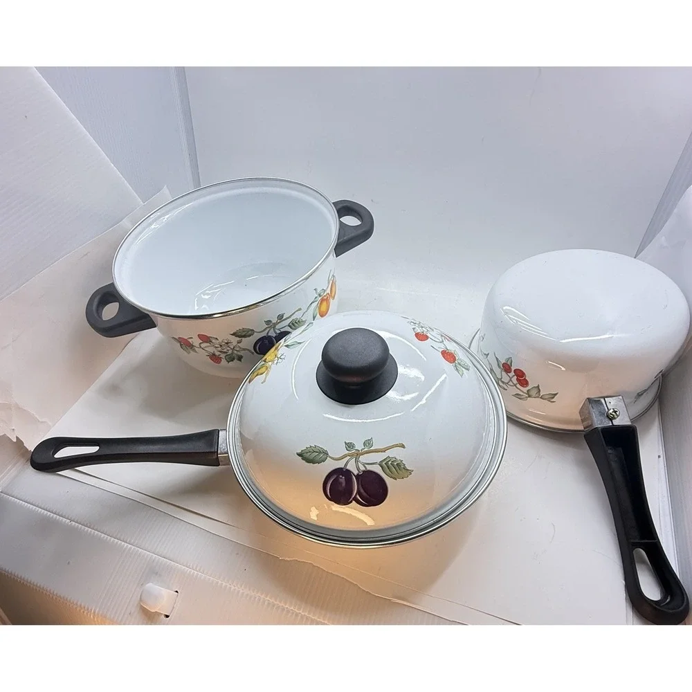 Vintage Tabletops Unlimited Dulcie Enamelware Cookware Set Fruit Motif 3 Pc